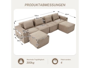 Canapé modulable 4 places avec deux poufs en velours côtelé, ressorts et mousse haute densité, porte-gobelets, coloris kaki