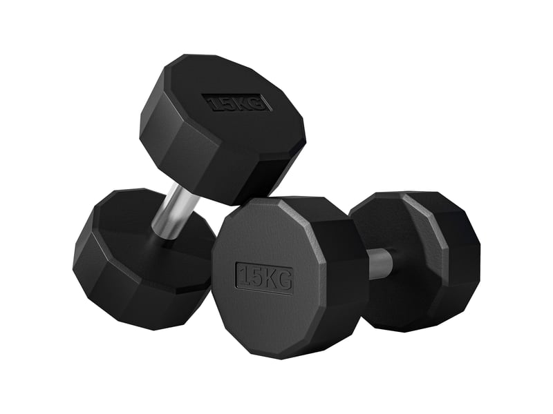  Lot de 2 haltères à 12 faces de 15 kg en métal et caoutchouc avec poignée antidérapante, 26 x 15,5 x 15,5 cm, noires  - Conforama B