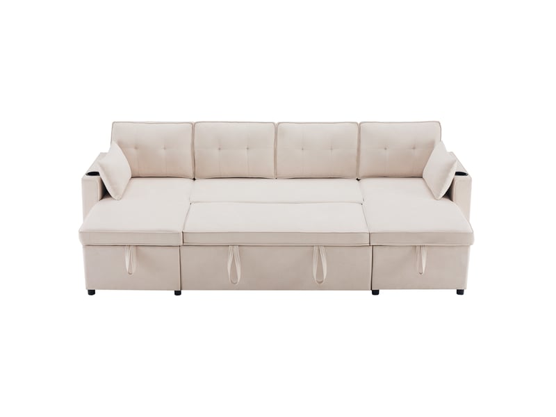  Canapé convertible panoramique 270x130 cm – beige – rangement, porte-gobelets et 4 places intégrés  - Conforama D