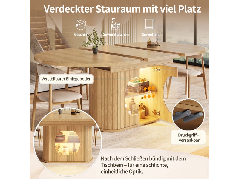  Table à manger ovale extensible 118-158x118x76,8cm naturelle, 4 à 6 personnes, rangements réglables, portes push-to-open et led multicolore, pratique  - Conforama E