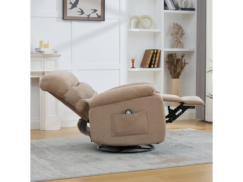  Fauteuil relax électrique taupe en chenille, massage chauffant, dossier et repose-pieds réglables, pivotant pour salon  - Conforama E
