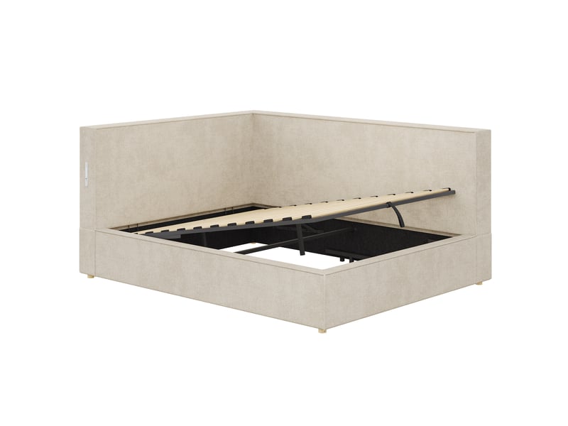  Lit banquette 140x190 cm, lit coffre avec rangement, led et usbtype-c, chenille beige, sans matelas  - Conforama D