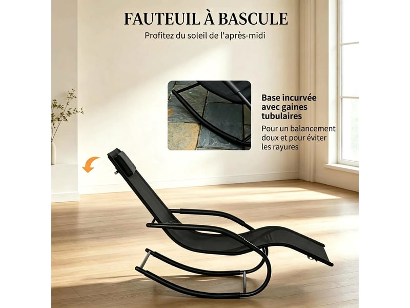  Chaise à bascule moderne, fauteuil relax ergonomique en métal galvanisé et textilène, noir, charge maximale 160 kg  - Conforama R