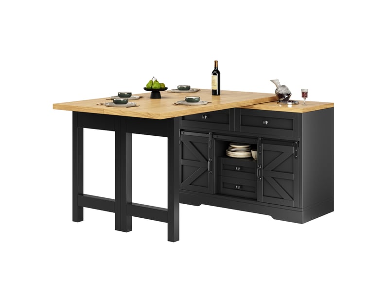  Desserte de cuisine extensible avec placard, tiroirs cachés et plateaux pivotants pour cuisine, mdf noir, 120 × 40 × 72 cm  - Conforama A