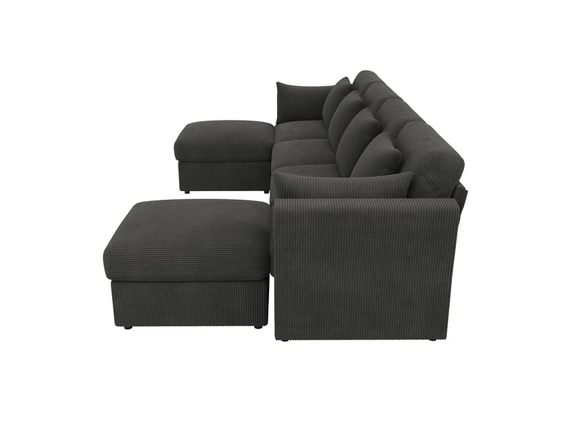 Canapé modulaire u lora gris 6 places en velours côtelé avec accoudoirs réglables et pouf amovible - Conforama D