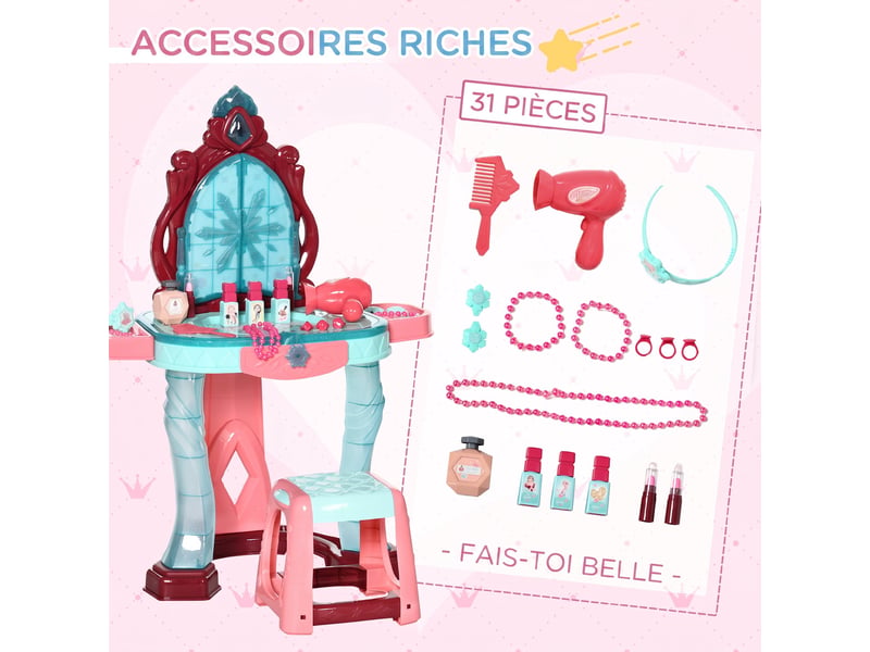  Coiffeuse enfant fille avec miroir magique, musique, plateaux, tiroir et accessoires, 3-6 ans, 57x34x76cm, multicolore  - Conforama E