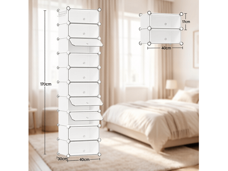  Meuble à chaussures modulable avec 10 compartiments fermés, anti-basculement, pour entrée, blanc, 40 × 30 × 170 cm  - Conforama E