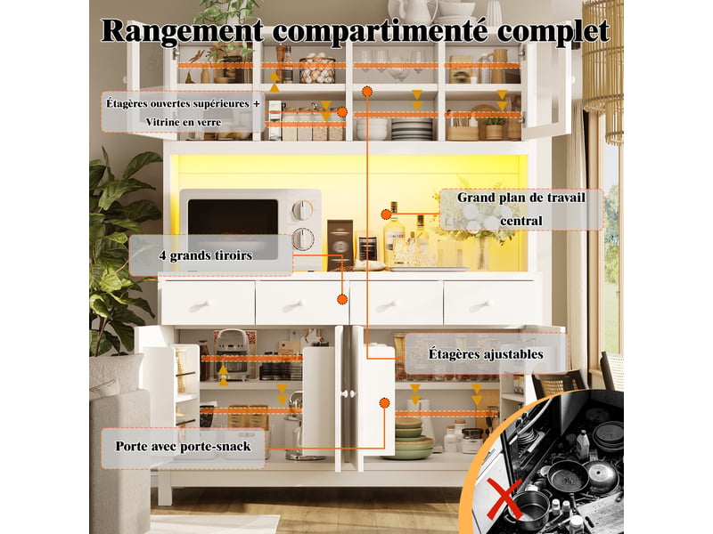 Buffet haut, coloris blanc, 140 × 38,5 × 180 cm, mdf, métal et verre, led rgb pilotable par application, portes vitrées - Conforama E
