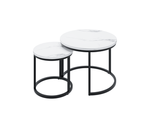 Tables basses gigognes rondes 60x45+40x40 cm, lot de 2, table de salon, grand gain de place, métal et aggloméré, blanc