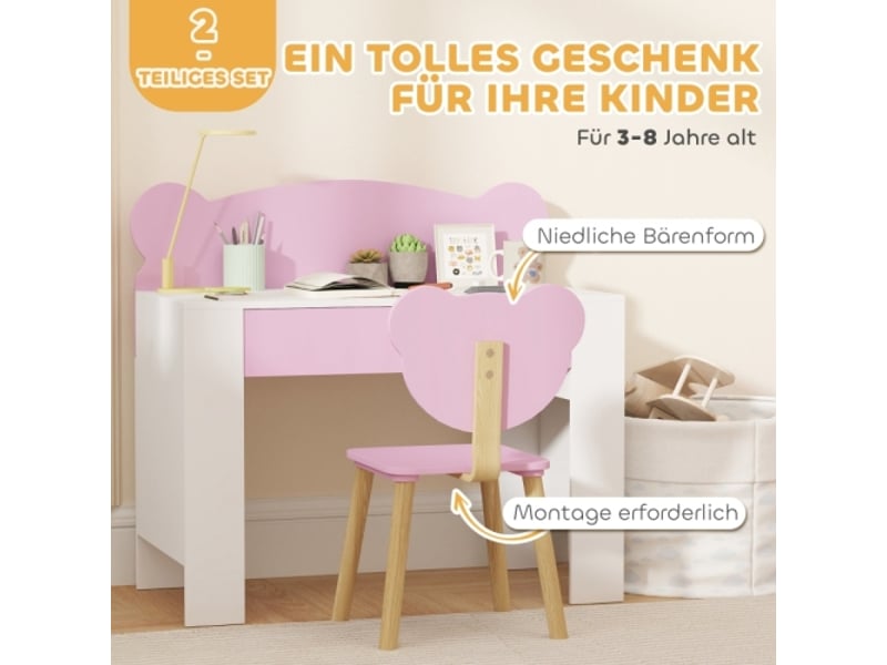  Bureau enfant rose avec chaise, plateau et tiroir, forme ours, pour filles et garçons, bois  - Conforama B
