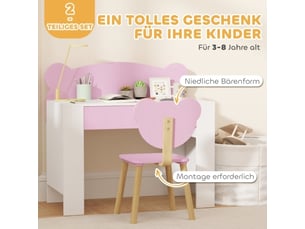 Bureau enfant rose avec chaise, plateau et tiroir, forme ours, pour filles et garçons, bois