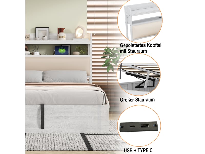  Lit coffre adulte 180x200 cm – blanc – rangement hydraulique, usb et tête de lit rembourrée - sans matelas  - Conforama E