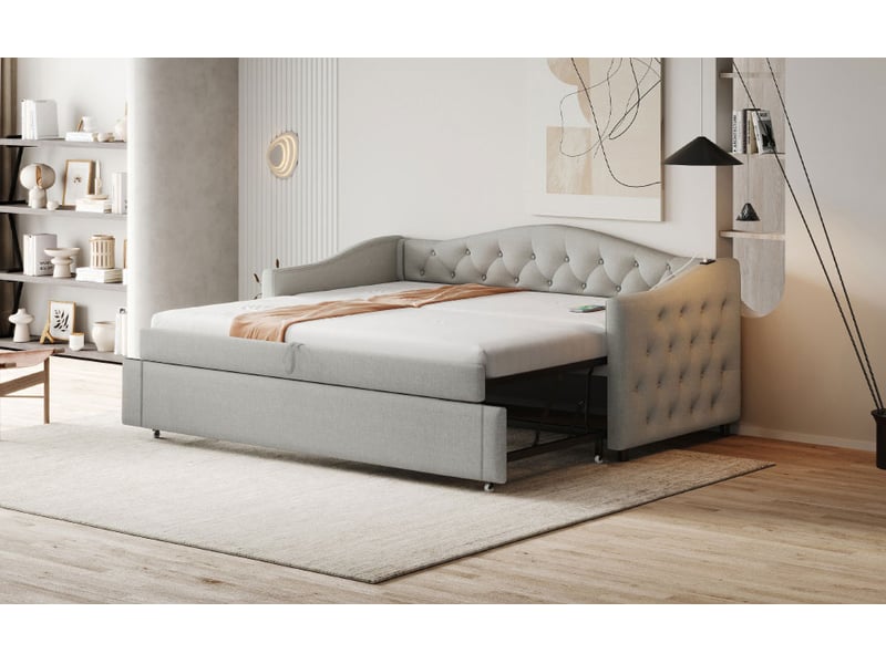  Lit rembourré 90x200 cm avec port usb, canapé-lit en lin, lit simple capitonné et sommier à lattes, gris  - Conforama W