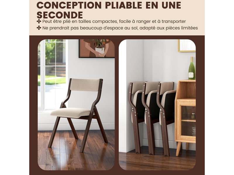 Lot de 2 chaises de cuisine pliantes rembourrées, structure bois massif, dossier en tissu de lin (café)  - Conforama E