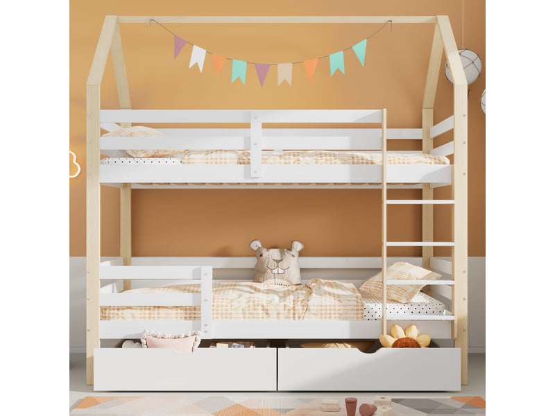  Modenvie lit enfant cabane 90x200 cm - avec rangements, structure en pin massif, sans matelas - blanc  - Conforama E