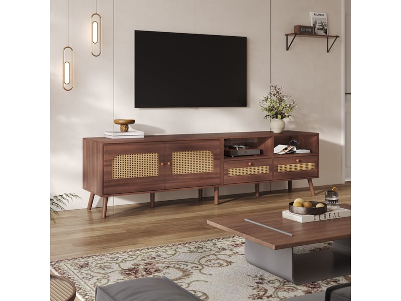  Meuble tv moderne en rotin - 200x37x49.5 cm - pour téléviseur 80 pouces - 2 portes en rotin - 2 tiroirs - 8 pieds  - Conforama B