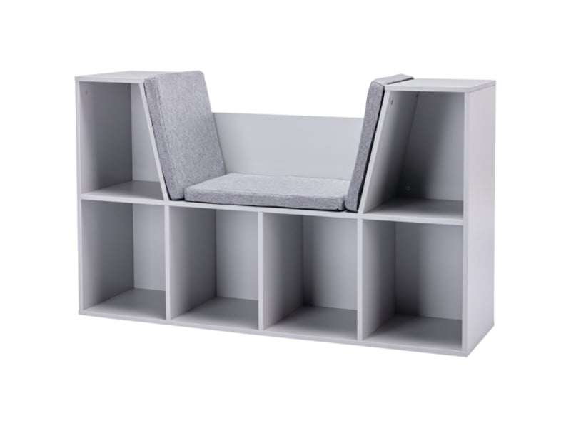  Banc coffre enfant gris, bibliothèque 6 compartiments, 3 coussins, rangement jouets, 103x30x62 cm, dès 3 ans  - Conforama A