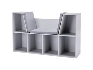 Banc coffre enfant gris, bibliothèque 6 compartiments, 3 coussins, rangement jouets, 103x30x62 cm, dès 3 ans