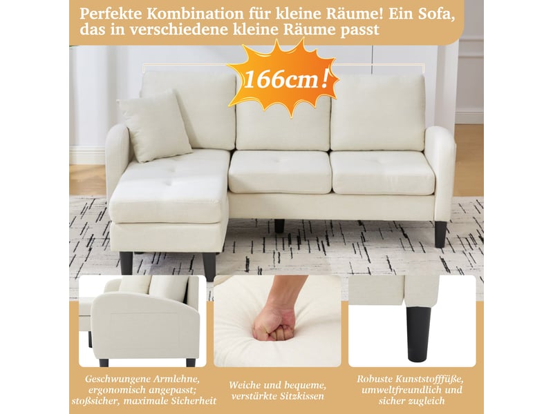  Canapé d'angle, canapé modulable, en lin, 166 x 118 x 77 cm, 3 places, pour intérieur, mobilier pour espace de vie  - Conforama D