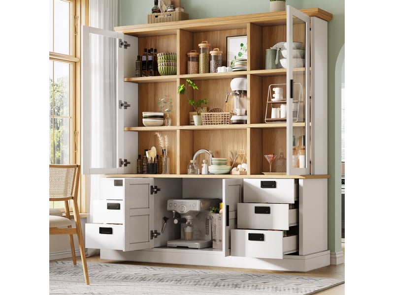  Buffet de cuisine haut avec étagères 4 portes 6 tiroirs portes vitrées anti-basculement pour cuisine 140 × 40 × 185 cm  - Conforama B