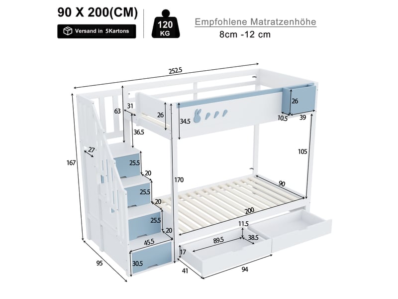  Lit superposé enfant 90x200 cm motifs lapin et carotte, rangement, chambre ludique, bois, blanc et bleu sans matelas  - Conforama C