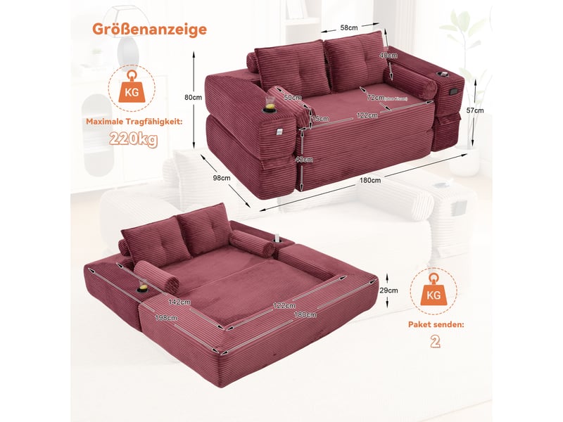  Canapé convertible, canapé-lit, en velours tricoté, porte-gobelets, pour salon et séjour, adapté à l'espace de vie  - Conforama R