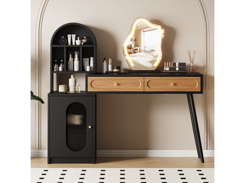 Coiffeuse avec miroir lumineux, plateau extensible, 2 tiroirs, noir et effet bois, 131 x 40 x 119,6 cm  - Conforama B