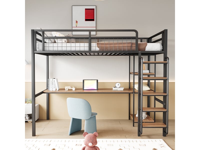  Lit mezzanine 90 x 200 cm avec bureau, étagères et échelle, métal, noir Fay Lum - Conforama E