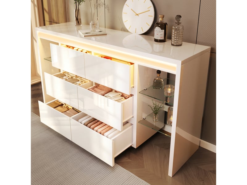  Buffet blanc brillant 155 × 40 × 80 cm, led, 6 tiroirs et 4 tablettes verre IKSETERA TRADING LTD - Conforama E