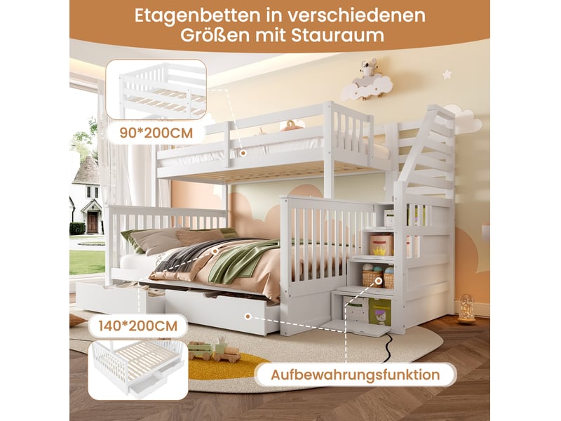  Lit superposé, 90x200 cm et 140x200 cm, avec tiroirs, solution de rangement, matelas non inclus, bois, coloris blanc  - Conforama E