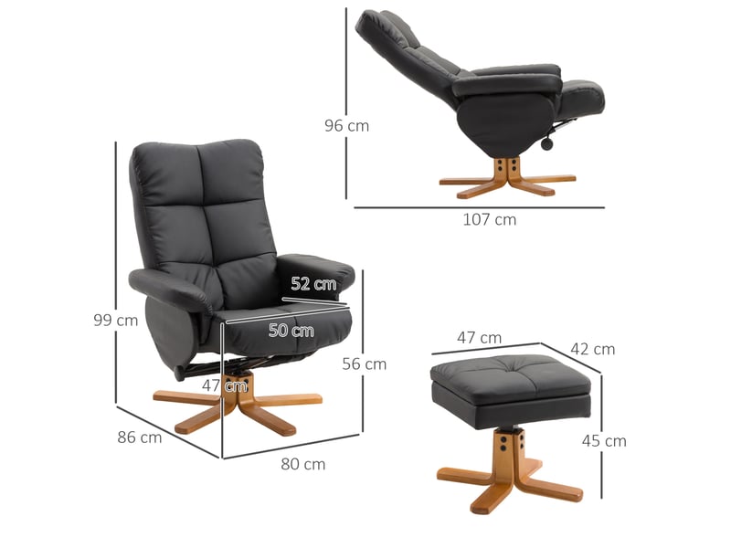 Fauteuil relax inclinable 80x86x99 cm – noir – rotation 360° avec repose-pieds de rangement, pu et bois - Conforama C