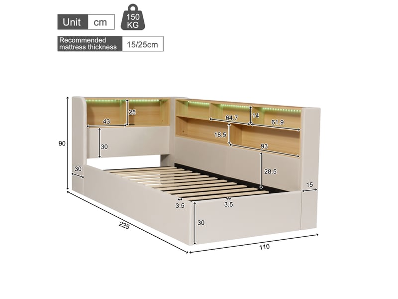 Lit banquette avec coffre 90x200 cm, rangement hydraulique, led, usb et usb-c, tête de lit avec étagères, sommier à lattes, velours, beige - Conforama C