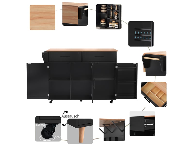  Desserte de cuisine noir et naturel 129 × 4671 × 91,5 cm en mdf, plateau aspect bois rabattable, rangements et roulettes  - Conforama E