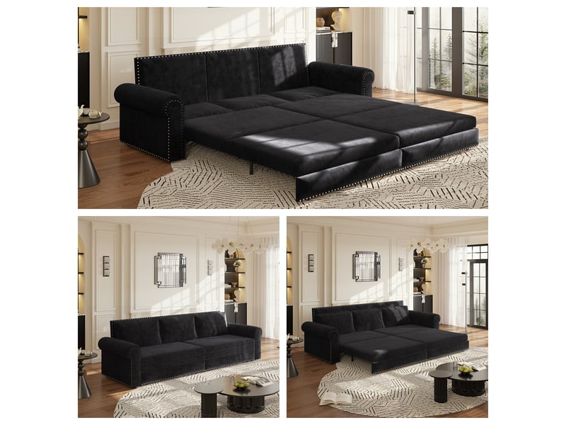  Canapé 3 places convertible en velours, 238 cm, noir, mécanisme coulissant 3-en-1, dossier réglable, accoudoirs roulés, montage requis  - Conforama B