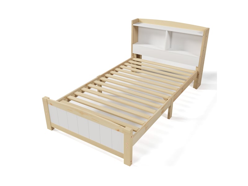  Lit enfant en bois massif 90x200cm avec matelas, cadre de lit avec sommier à lattes en pin, naturel et blanc, lit 1 personne  - Conforama W