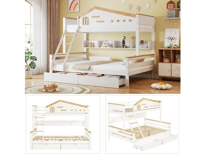  Lit superposé enfant 90x200 cm et 140x200 cm, 2 tiroirs, blanc et bois naturel  - Conforama D