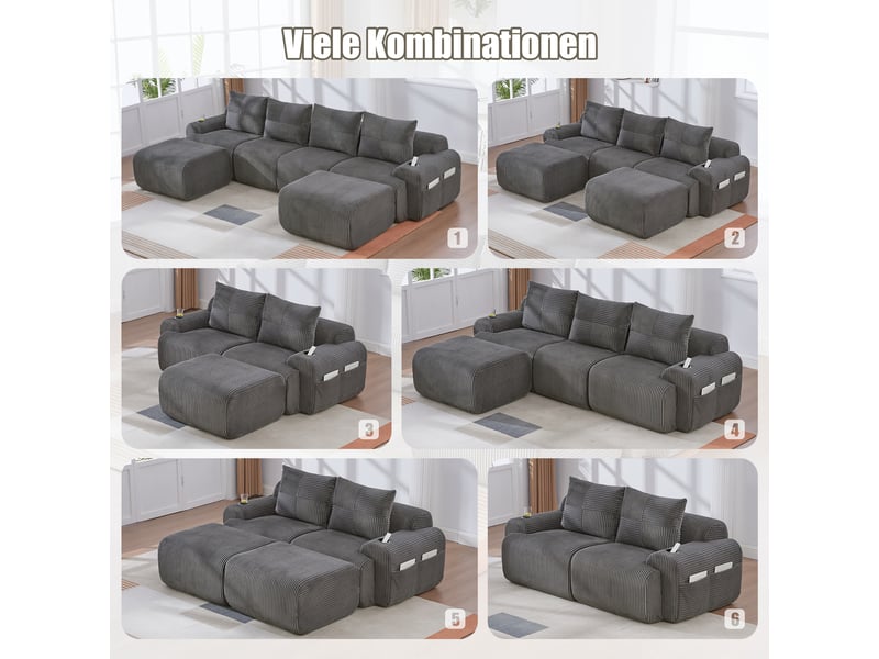 Canapé modulable, canapé de salon, en velours tricoté, gris foncé, adapté à l'espace de vie, porte-gobelets - Conforama W