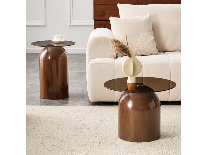  Lot de 2 tables basses brun rondes en verre et métal brillant avec design base cloche  - Conforama B