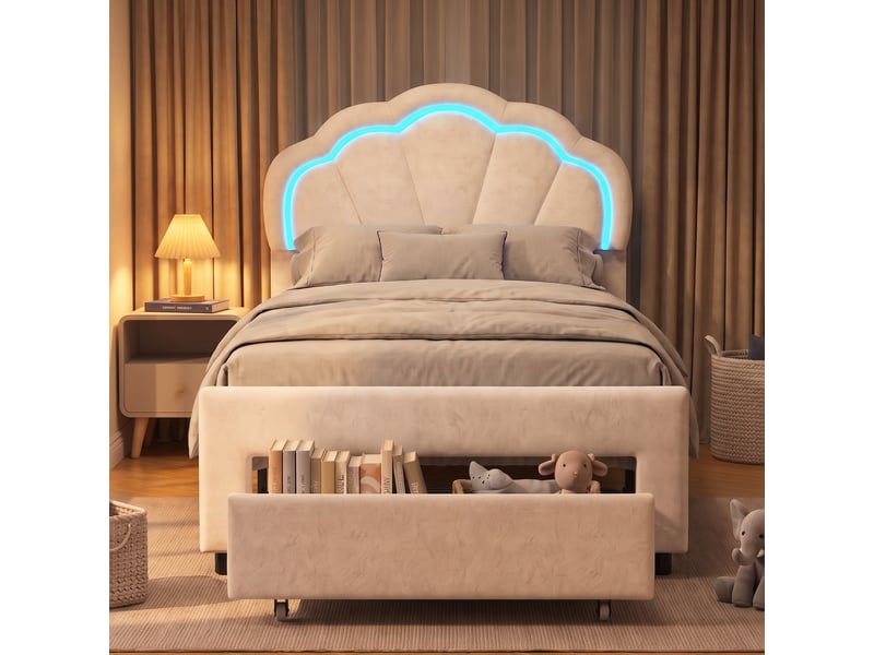 Lit simple 90x200 cm, lit enfant avec led rgb et tiroir de rangement, tête de lit coquillage réglable et sommier, velours, blanc - Conforama B