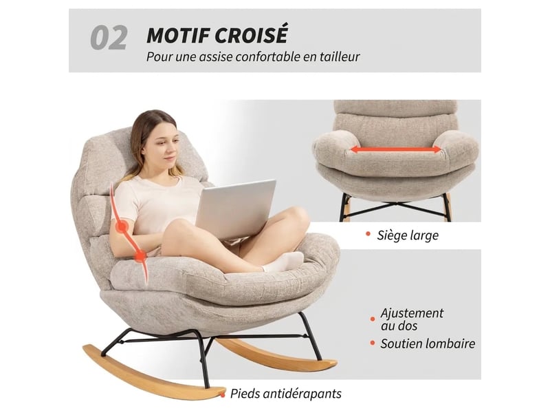  Fauteuil à bascule rembourré blanc crème avec pieds en acier et bois 80x103x91 cm  - Conforama E