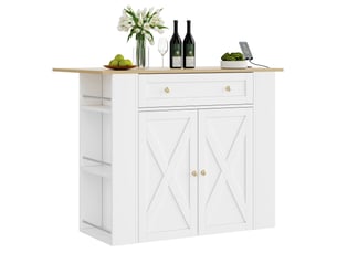 Îlot de cuisine avec plateau rabattable et prises usb - 2 portes, mdf blanc, 120 × 75 × 97 cm
