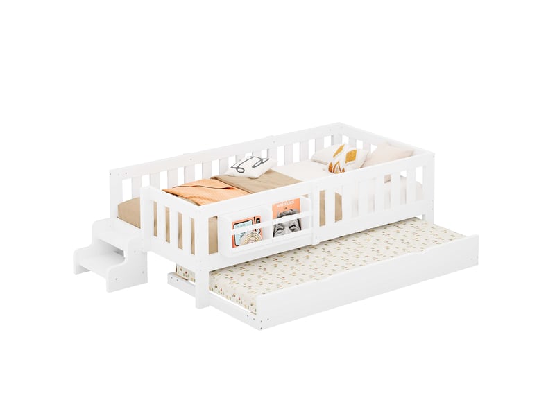  Lit enfant 90x200 cm avec lit gigogne 90x190 cm, bibliothèque intégrée, marche d’accès, garde-corps, sommier à lattes, bois massif et mdf blanc  - Conforama A