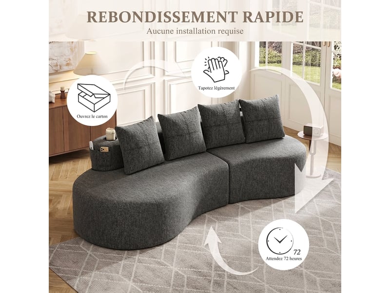 Canapé 3 places en lin gris foncé avec 4 coussins 240 cm porte-gobelet et poches latérales - Conforama E