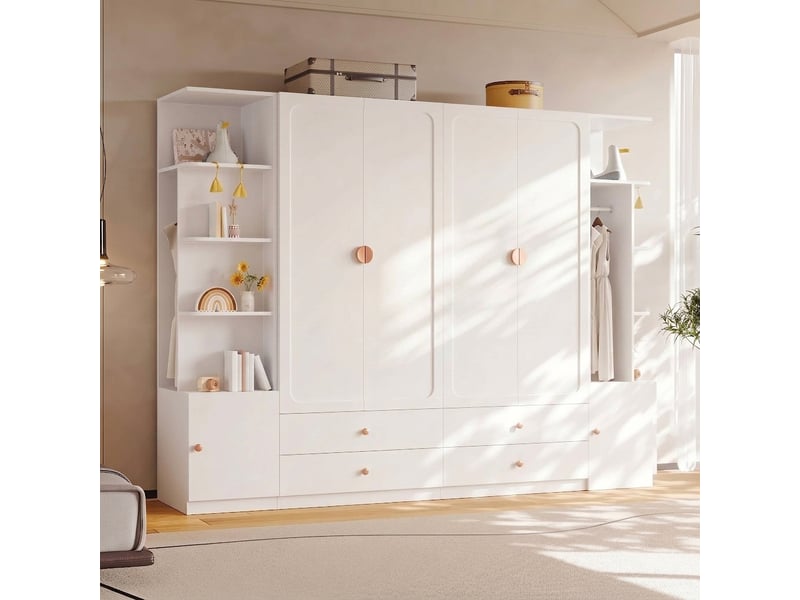  Armoire 6 portes blanche 270x45x200 cm avec 4 penderies et 4 tiroirs  - Conforama D