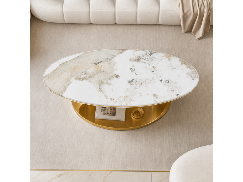  Table basse tcqpz ovale 120 x 67 x 45 cm plateau aspect marbre blanc verre trempé piètement acier inoxydable doré  - Conforama D
