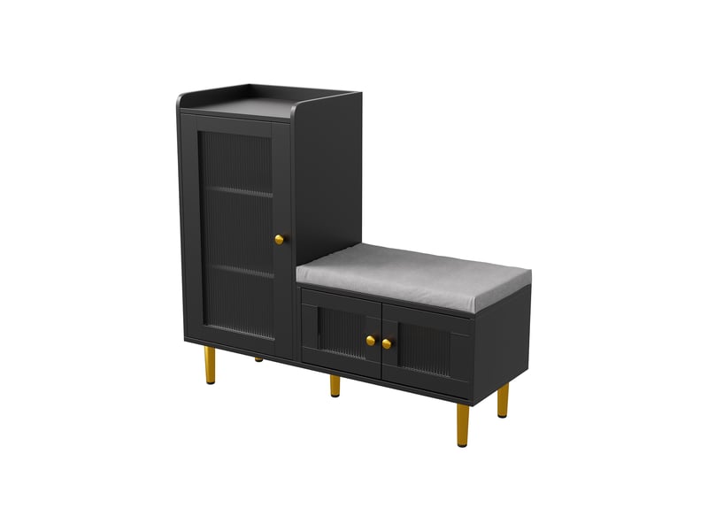 Meuble à chaussures - 100x35x90cm - banc d'entrée avec assise rembourrée, étagères ajustables, portes en verre flûté - noir  - Conforama A