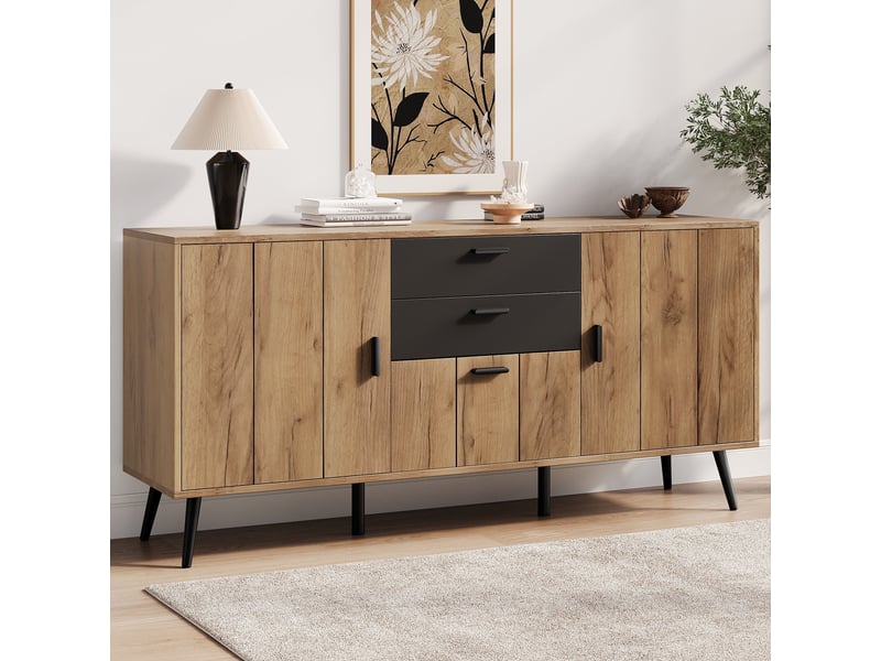 Buffet moderne effet bois et noir 2 tiroirs 3 portes 140x35x67cm  - Conforama C