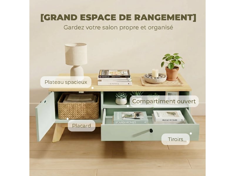  Table basse de salon, table d'appoint rectangulaire avec tiroir, vert clair et chêne, porte et compartiment ouvert  - Conforama D