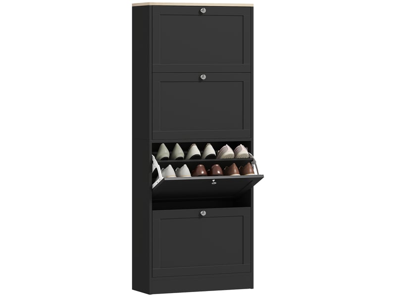 Meuble à chaussures 24 paires, armoire à chaussures avec 4 tiroirs rabattables, étagères réglables, 60x23,5x153cm, noir  - Conforama A