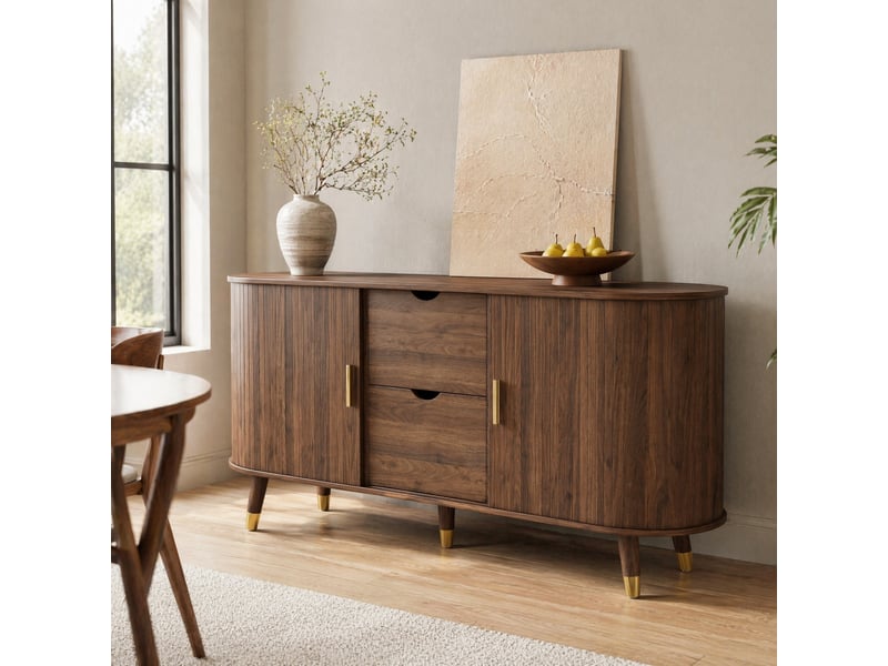 Buffet 140x40x79.5 cm, portes texturées verticales et 2 tiroirs en mdf coloris noyer - Conforama B
